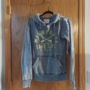 Gray Hoodie with Yellow Print Minnesota Lake Life Nisswa Resort Camping Outdoors